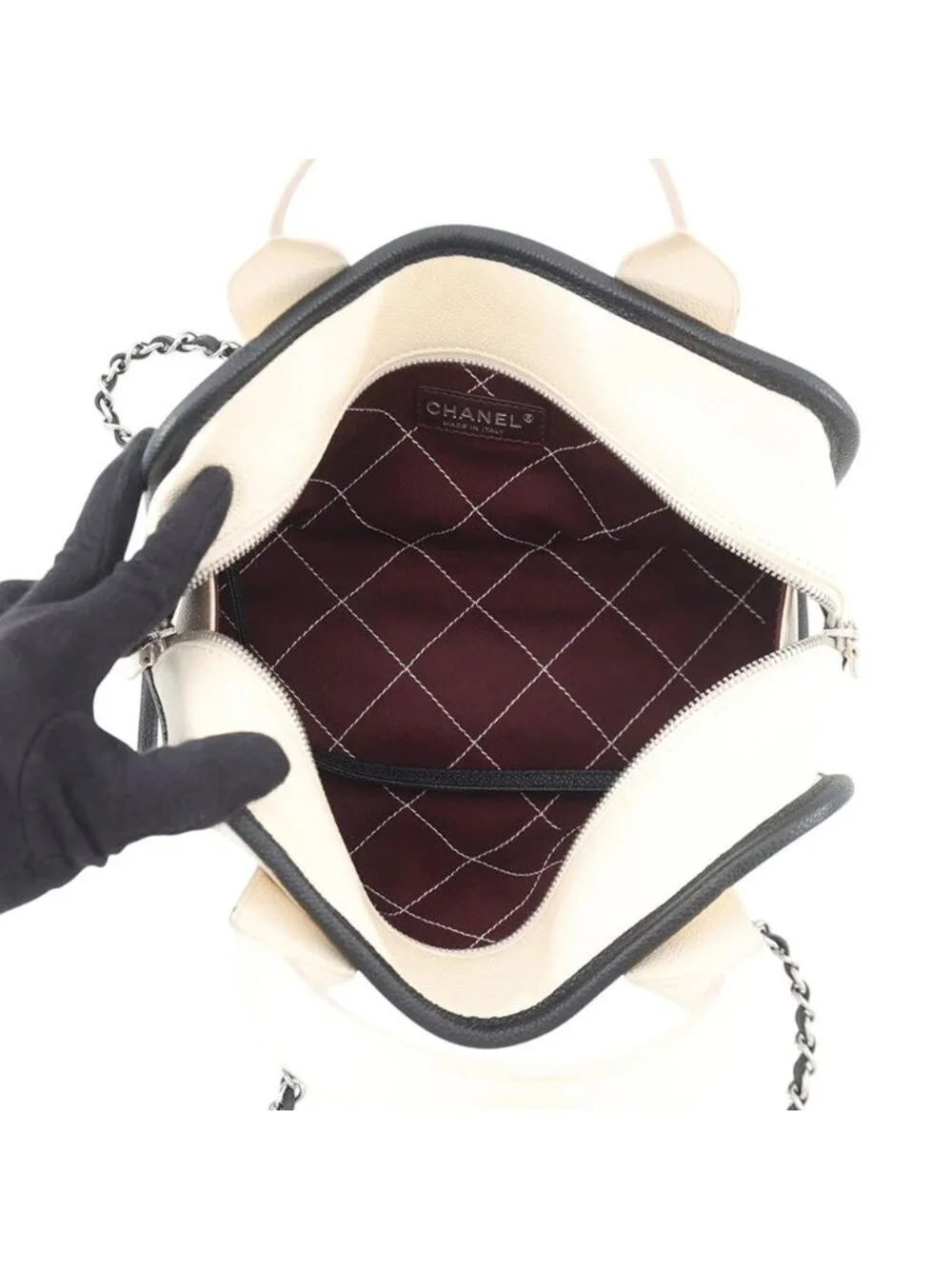 Chanel Caviar Leather CC Logo Deauville Bowling Bag 2-Way White Black
